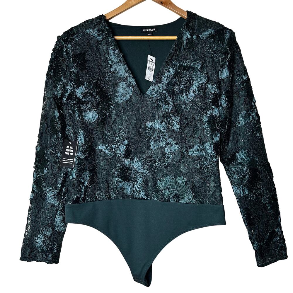 Express NWT Top Bodysuit Emerald‎ Green Lace Thong Long Sleeve V Neck Size L
